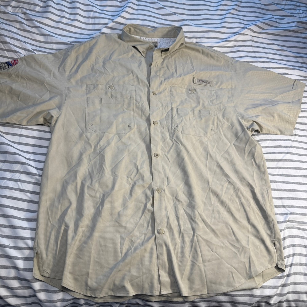 Columbia PFG Mens XL Khaki Fishing Shirt Boston Portsmouth Air Show Logo Ripstop
